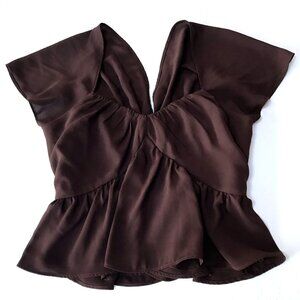 Express Top Womens Small Crop Babydoll Sheer Peplum Brown Going Out Y2K Fairy